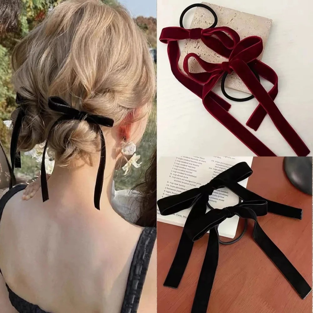 Hair Tie Velvet - 2 ชิ้น ยางรัดผมกำมะหยี่สีดำแฟชั่นสำหรับผู้หญิง สาวๆ สำหรับงานปาร์ตี้ เครื่องประดับผม