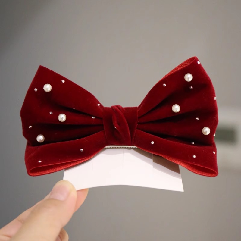 Accessories Brand For Women - กิ๊บติดผมรูปโบว์ประดับมุก ผ้าตาข่ายกำมะหยี่ สำหรับงานปาร์ตี้ เต้นรำ สีแดง 2025