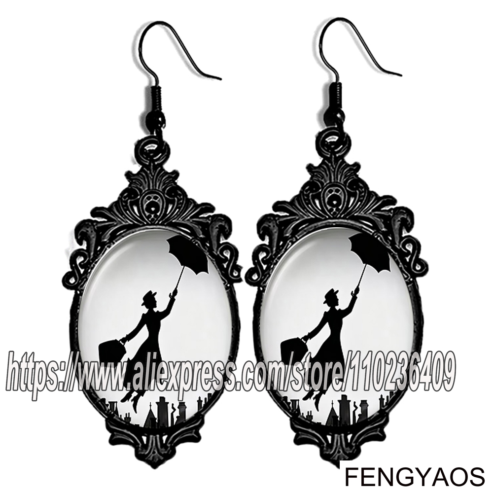 Women Jewelry Accessories For Black Dress - ต่างหูห้อยรูปแมรี่ ป๊อปปินส์ สีดำแบบใหม่สำหรับผู้หญิง ต่างหูรูปเด็กหญิงบินพร้อมร่ม เครื่องประดับตกแต่งชุดเดรส ของขวัญเครื่องประดับ