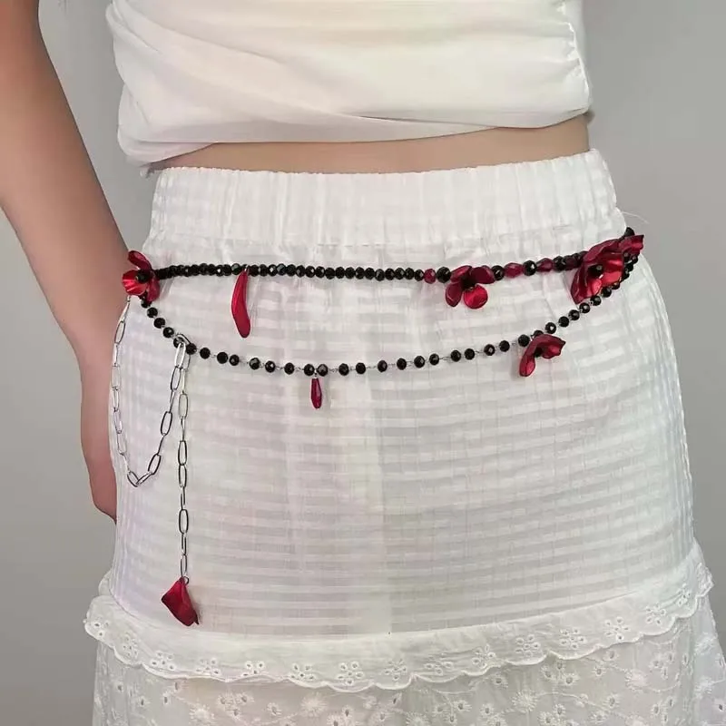 Women Jewelry Accessories For Black Dress - สร้อยคาดเอววินเทจลายดอกไม้สีแดงสำหรับผู้หญิง สไตล์โกธิค ประดับลูกปัดสีดำ พู่ห้อยกลีบดอกไม้ สร้อยคาดเอวสองชั้น เครื่องประดับสำหรับชุดเดรส