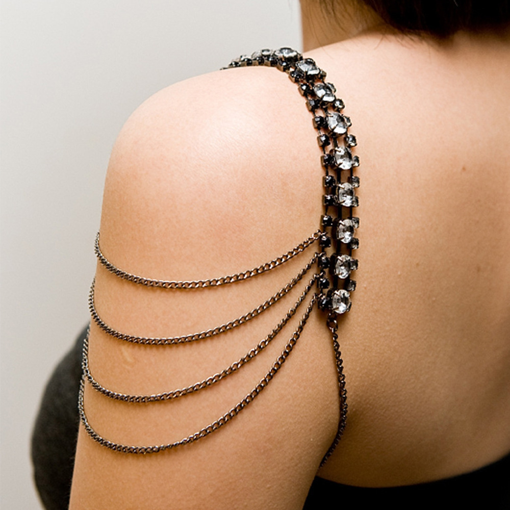 Women Jewelry Accessories For Black Dress - Stonefans Tali bahu สีดำเป็นชั้นเครื่องประดับตกแต่งร่างกายสายโซ่บิกินี่สายคล้องไหล่สำหรับผู้หญิง