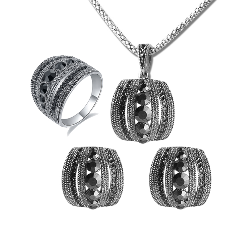 Women Jewelry Accessories For Black Dress - ขนาด 6-10 Vintage Black Zircon ชุดเครื่องประดับสีดําต่างหูสร้อยคอชุด