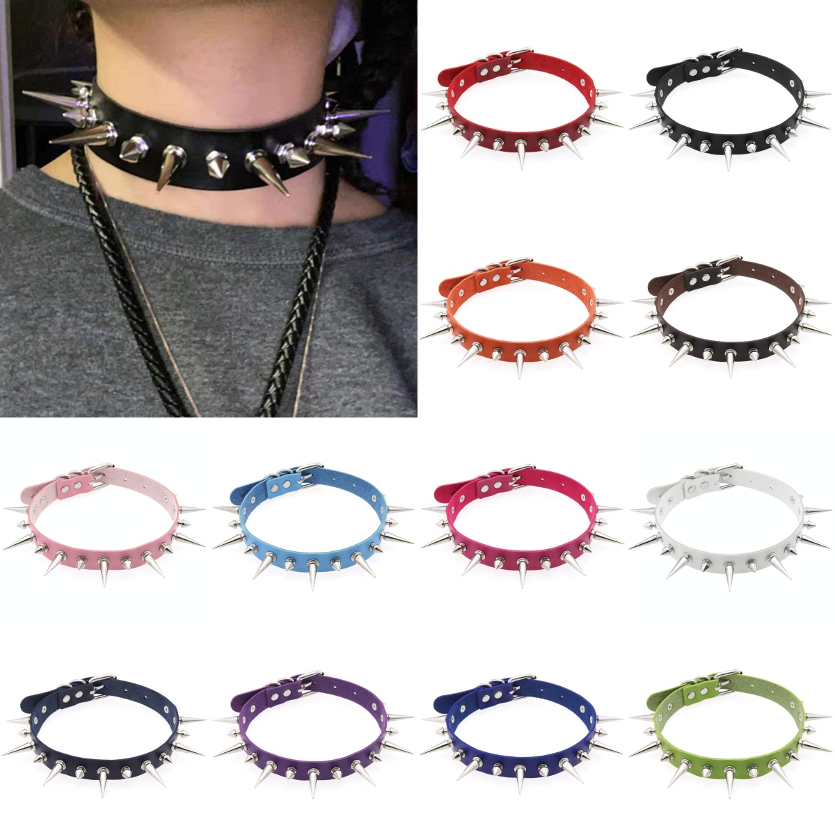 Women'S Emo Accessories - สร้อยคอแบบโชคเกอร์คอสเพลย์อีโมแนวฮาโลวีน12สีสำหรับผู้หญิงผู้ชายพังค์พลาสติกตอกหมุดหนัง PU เครื่องประดับงานปาร์ตี้ของขวัญ